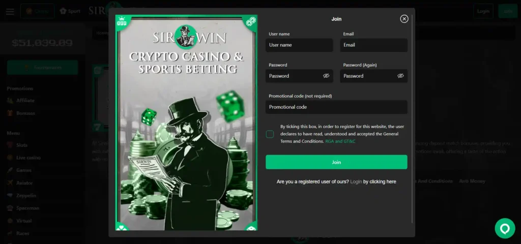 sirwin crypto casino registration
