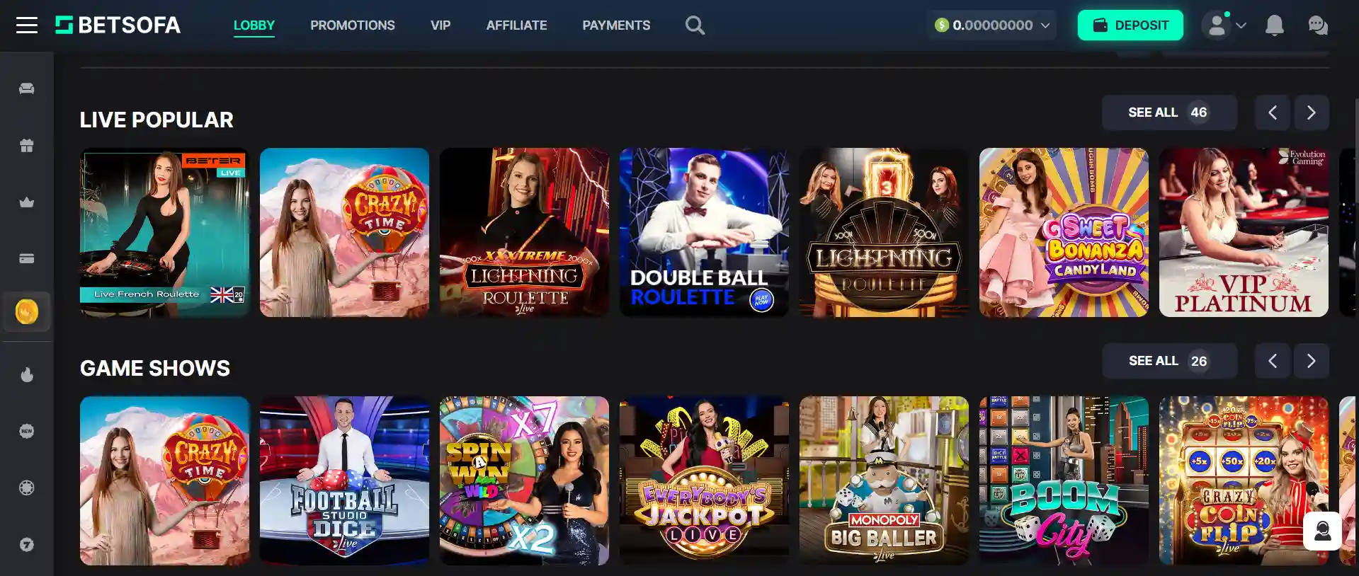 betsofa live casino lobby