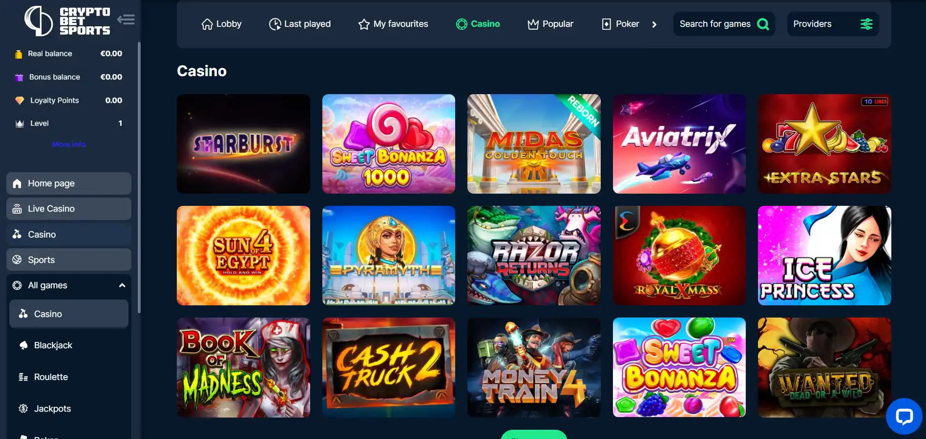 cryptobetsports casino lobby