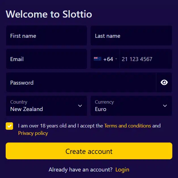 slottio registration form