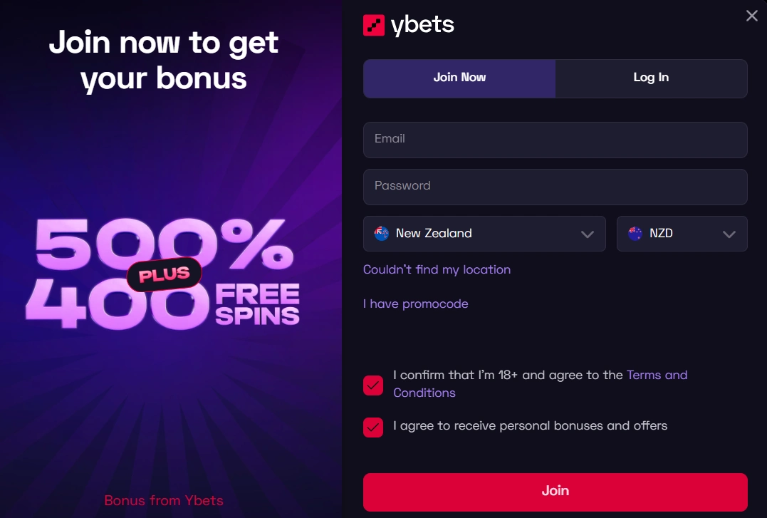 ybets registration form